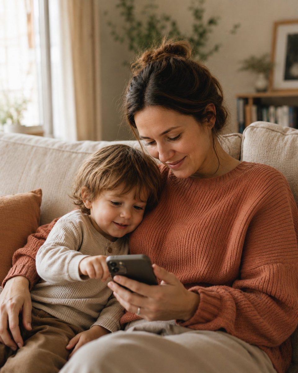 Parent and child sitting together on a sofa, looking at a phone